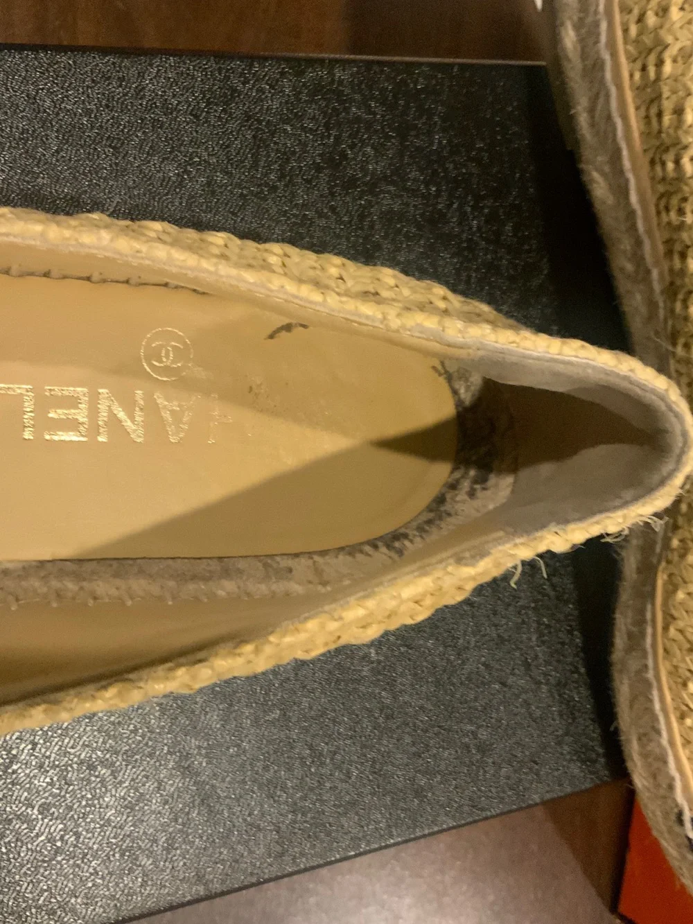 CHANEL Beige and Black Raffia Espadrille Flats with Leather Cap Toe